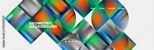 Vivid geometric pattern with colorful squares and circles on a white background, incorporating triangles and tints of electric blue. Symmetry and liquidlike textures give a glassy art aesthetic