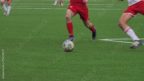 Real Football Action Scene Competing Soccer Players Fighting for Ball at Field