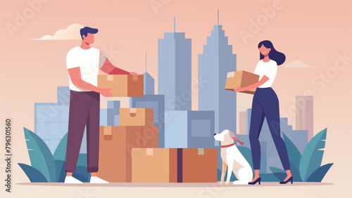 A couple anxiously packing up their belongings to move to a new city but feeling reassured by the constant presence and loyalty of their