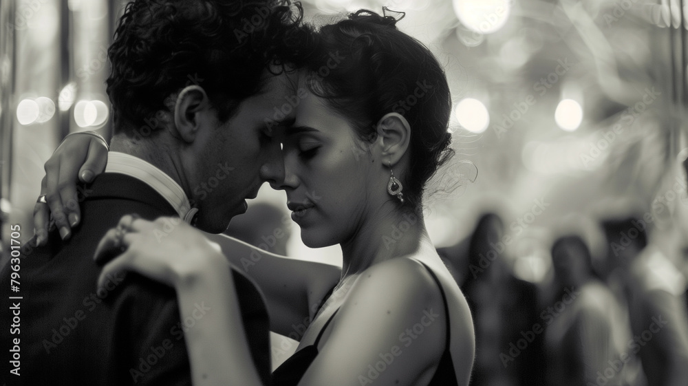 couple passionately dancing tango, close-up, black and white photo. couple passionately dancing tango, close-up, black and white photo.