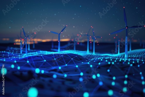Wind turbines standing in a field at night, suitable for energy or technology concepts