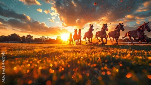 Horse racing at sunset Multiple horses compete in an equestrian race. Concept Equestrian Sports, Horse Racing, Sunset Scenery, Competitive Atmosphere, Multiple Competitors