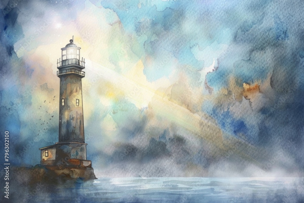 A picturesque lighthouse standing in the vast ocean. Perfect for maritime-themed designs