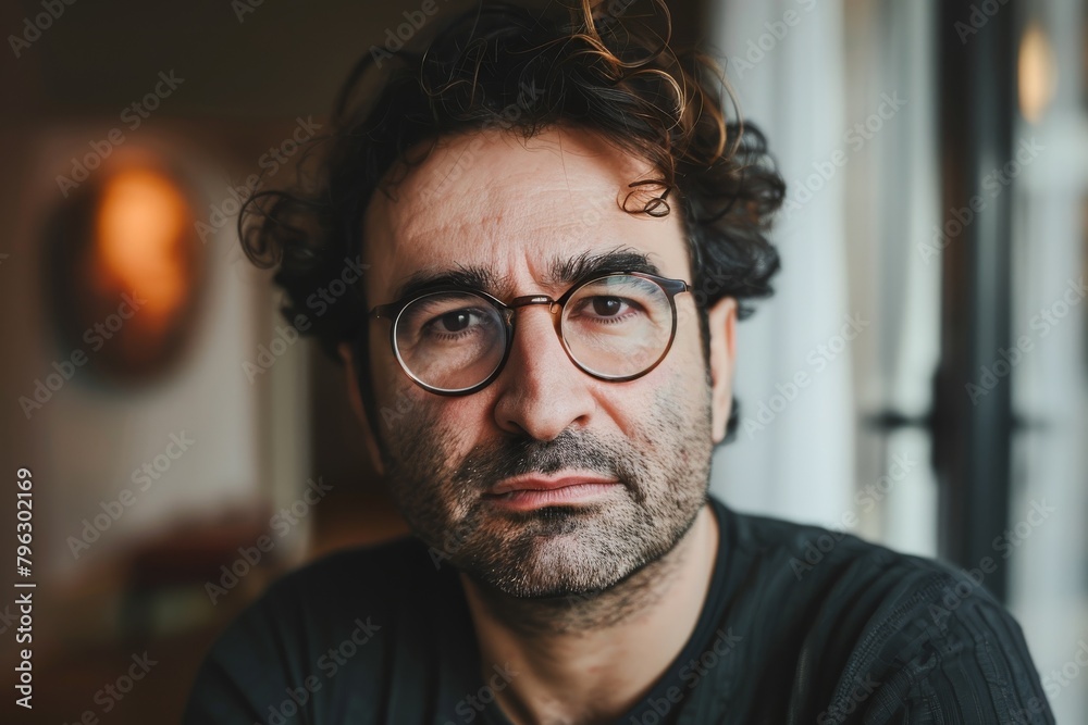 Portrait of an introspective man with curly hair and glasses, showing a serious expression and contemplative mood