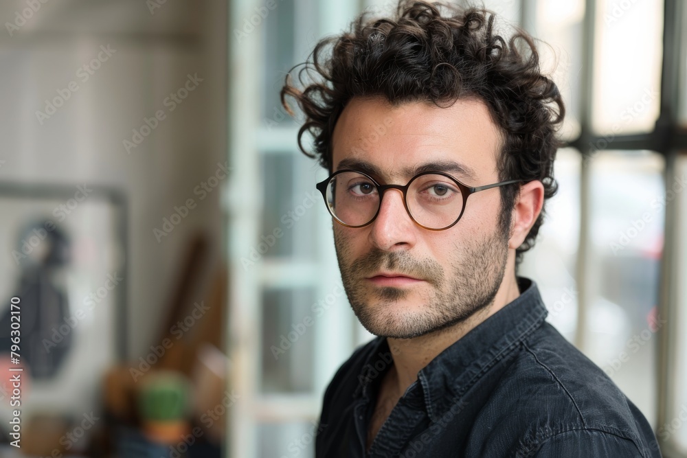 Candid image of a confident man with curly hair and glasses in a casual setting, looking directly at the camera