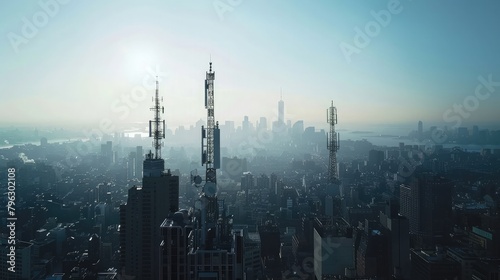 A futuristic cityscape with 6G cellular towers seamlessly integrated into the urban landscape,