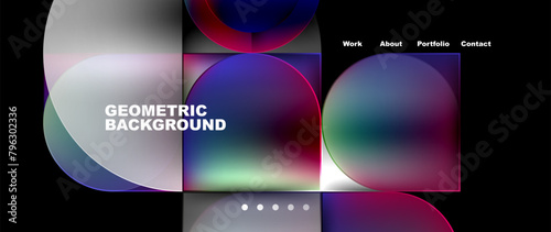 A geometric background featuring circles and squares in violet, magenta, and electric blue on a black background resembling an astronomical object in the sky