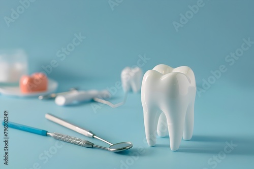 Dental Instruments and Tooth Model on Blue Background with Copy Space for Medical or Dentistry