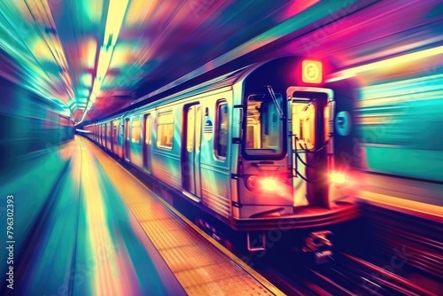 Subway train traveling through a subway station. Suitable for transportation themes photo