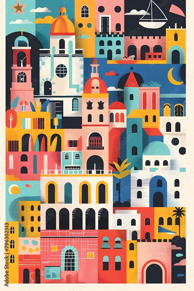 Colorful Collage of Whimsical Italian Cityscapes in Scandinavian Inspired Minimalist