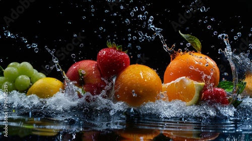 Freeze Motion Shot of Fresh Fruits with Splashing Water Isolated on Black Background