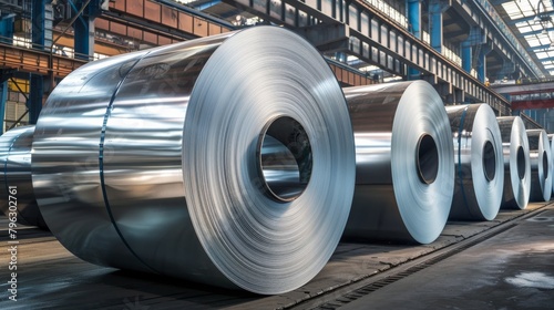 Rolls of galvanized steel sheet inside a factory or warehouse photo