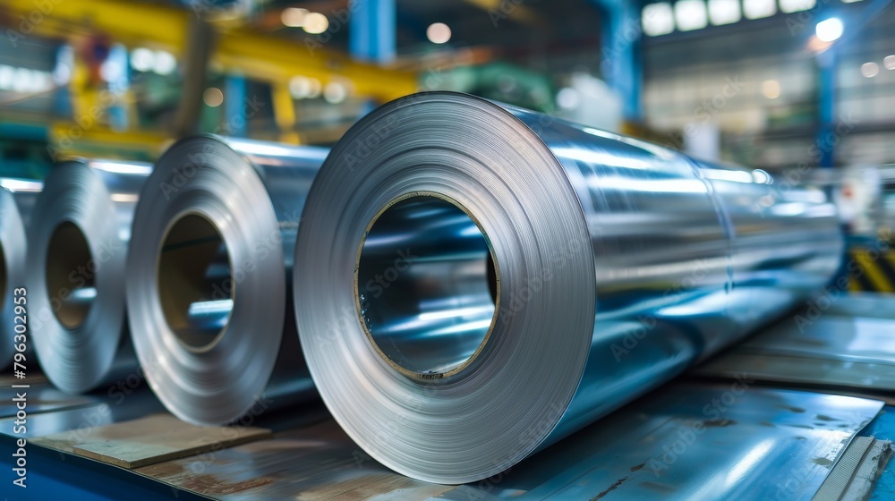 Rolls of galvanized steel sheet inside a factory or warehouse Rolls of galvanized steel sheet inside a factory or warehouse