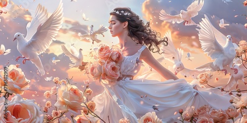 With wings of light and birds in flight, an angelic woman graces the scene, her presence a symbol of harmony and serenity amidst the fluttering wings of her avian companions. photo