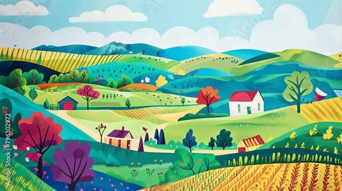 A vector illustration of a colorful landscape with rolling hills, farmhouses, trees, and flowers.