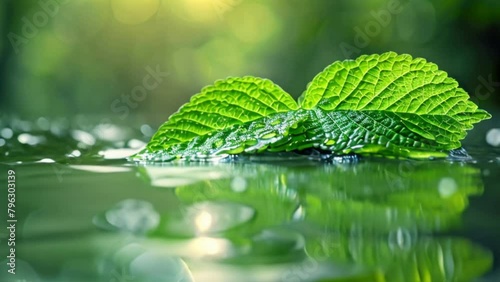 Green leaf on water surface photo
