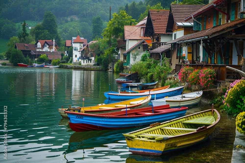 A Quaint Riverside Village with Vibrant Rowboats.