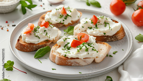 Plate of tasty toasts with cream cheese on white tile background