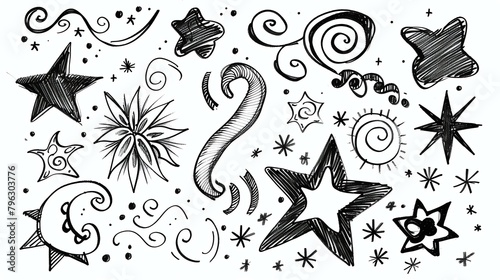 A collection of hand-drawn stars  swirls  and other decorative elements.