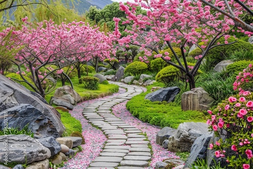 Serene Japanese Garden with Tranquil Stone Path.