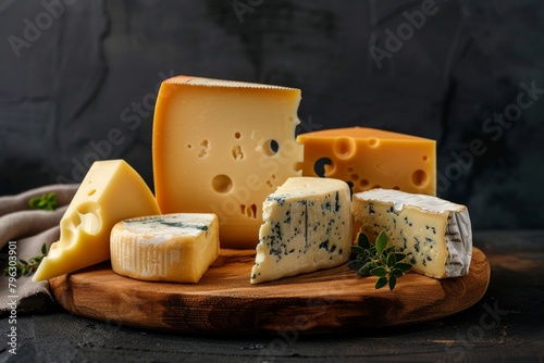 Artisanal Cheese Board on Dark Background. Sleek and Modern Design Gourmet Cheese Selection. 