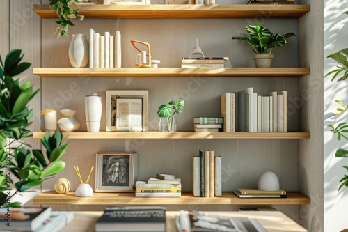 Stylish and neatly organized bookshelf with books, plants, and sculptures in a contemporary living space. photo