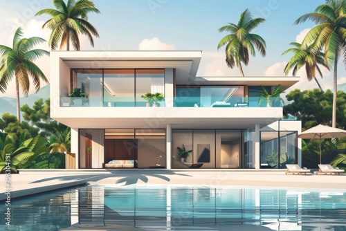 Beachfront Villa on Light Background. Sleek and Modern Design Tropical Residence. © KP