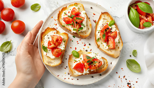 Plate of tasty toasts with cream cheese on white tile background