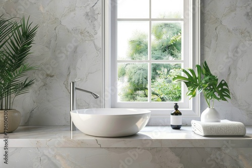 Stylish luxury bathroom interior with sink and window. Mock up frame