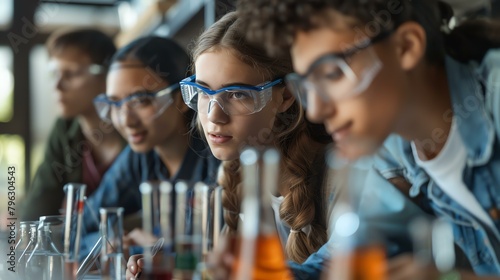 Group of attentive diverse high school chemistry students wearing lab coats and safety goggles watching amazed as their teacher demonstrates a scienti