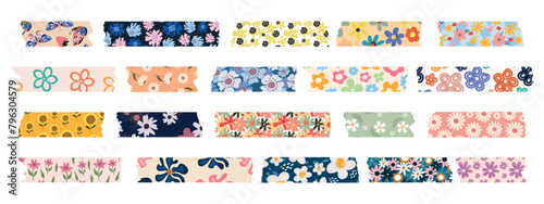 Collection of Washi tapes. Colorful scrapbook strips, sticky labels with flowers.
