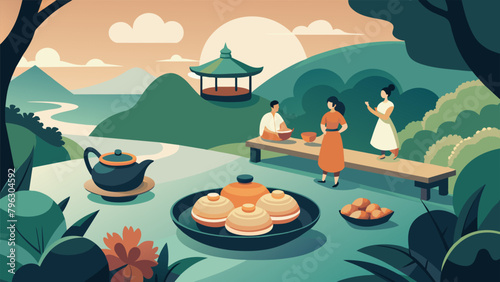 In a peaceful garden in China a group gathers around a teapot filled with fragrant oolong tea complimented by savory pork buns and flaky egg photo