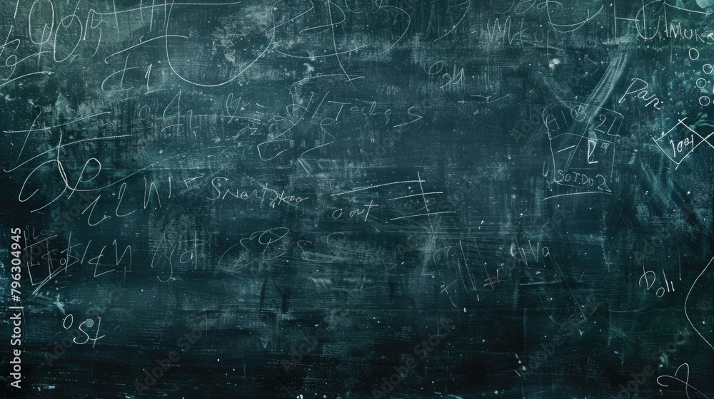 A blackboard covered in writing, suitable for educational and business concepts A blackboard covered in writing, suitable for educational and business concepts