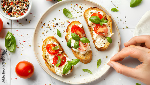 Plate of tasty toasts with cream cheese on white tile background