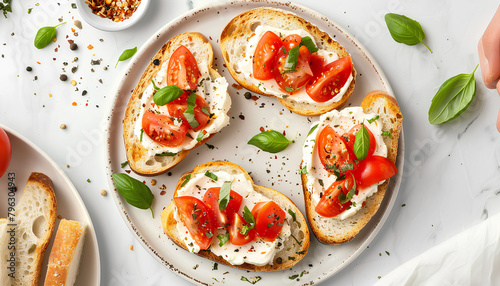 Plate of tasty toasts with cream cheese on white tile background