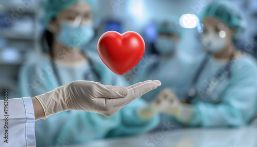 The hand wearing blue medical glove holding a red heart model for concept doctors treat and care for patients with heart or cardiology heart disease. Hospital on the background. photo