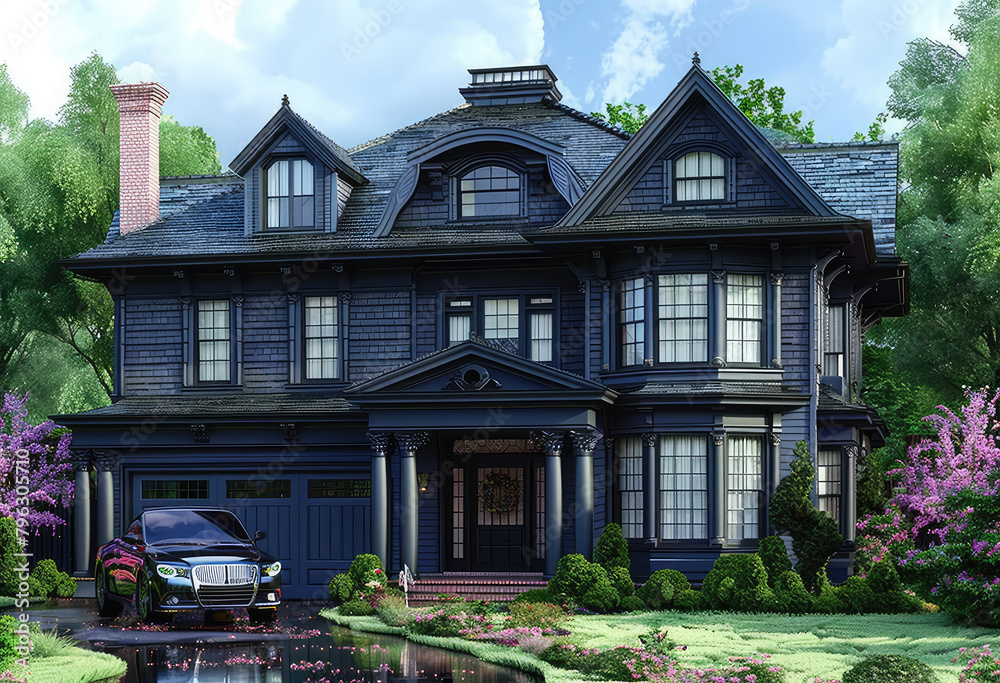 A photo of an exterior of modern farmhouse style home with navy blue colored roof. Created with Ai
