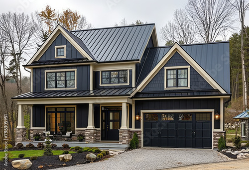 An elegant two story modern farmhouse with navy blue colored siding, black steel windows and stone accents. Created with Ai