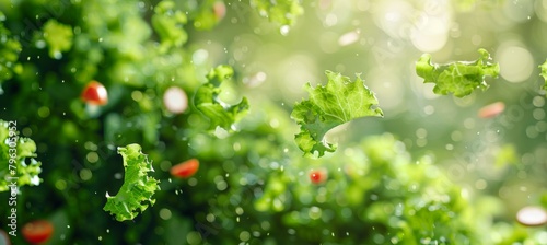 Fresh salad ingredients arugula, lettuce, radish, and tomato on green background