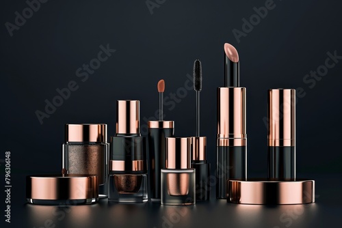 Cosmetic Set on Dark Background. Sleek and Modern Design Makeup Collection. photo