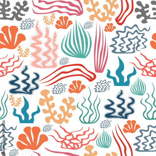 Marine plants background. Seaweed seamless pattern. Summer print. Textured illustration. Vector illustration