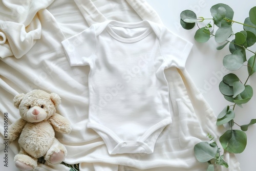 Baby onesie mockup with teddy bear and eucalyptus on ivory blanket for infant clothing template