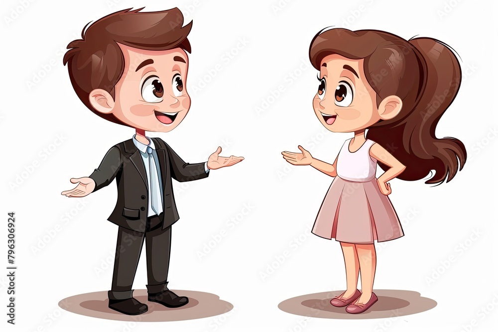 Cartoon Illustration he boy is telling the girl about business management isolated on white Cartoon Illustration he boy is telling the girl about business management isolated on white