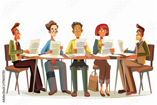 Cartoon Illustration Job seekers complete the necessary paperwork and forms for employment isolated on white photo