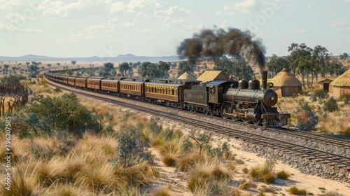 A train is traveling down a track in a desert photo