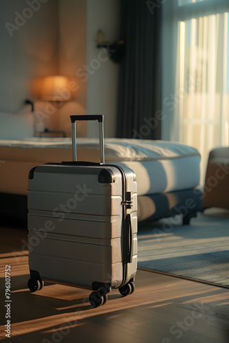 Silver suitcase in a hotel room
