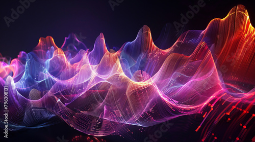 Sci-fi background of glowing electron particles. The particles form a wave-like network. Digital Particle Transfer Concept photo