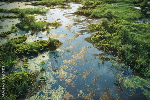 Serene stream flowing through vibrant green field, suitable for nature and landscape projects