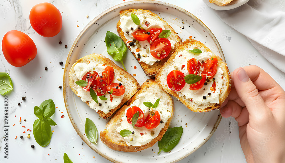 Plate of tasty toasts with cream cheese on white tile background - obrazy, fototapety, plakaty 