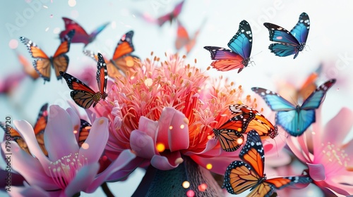 A colorful butterfly garden with many butterflies flying around